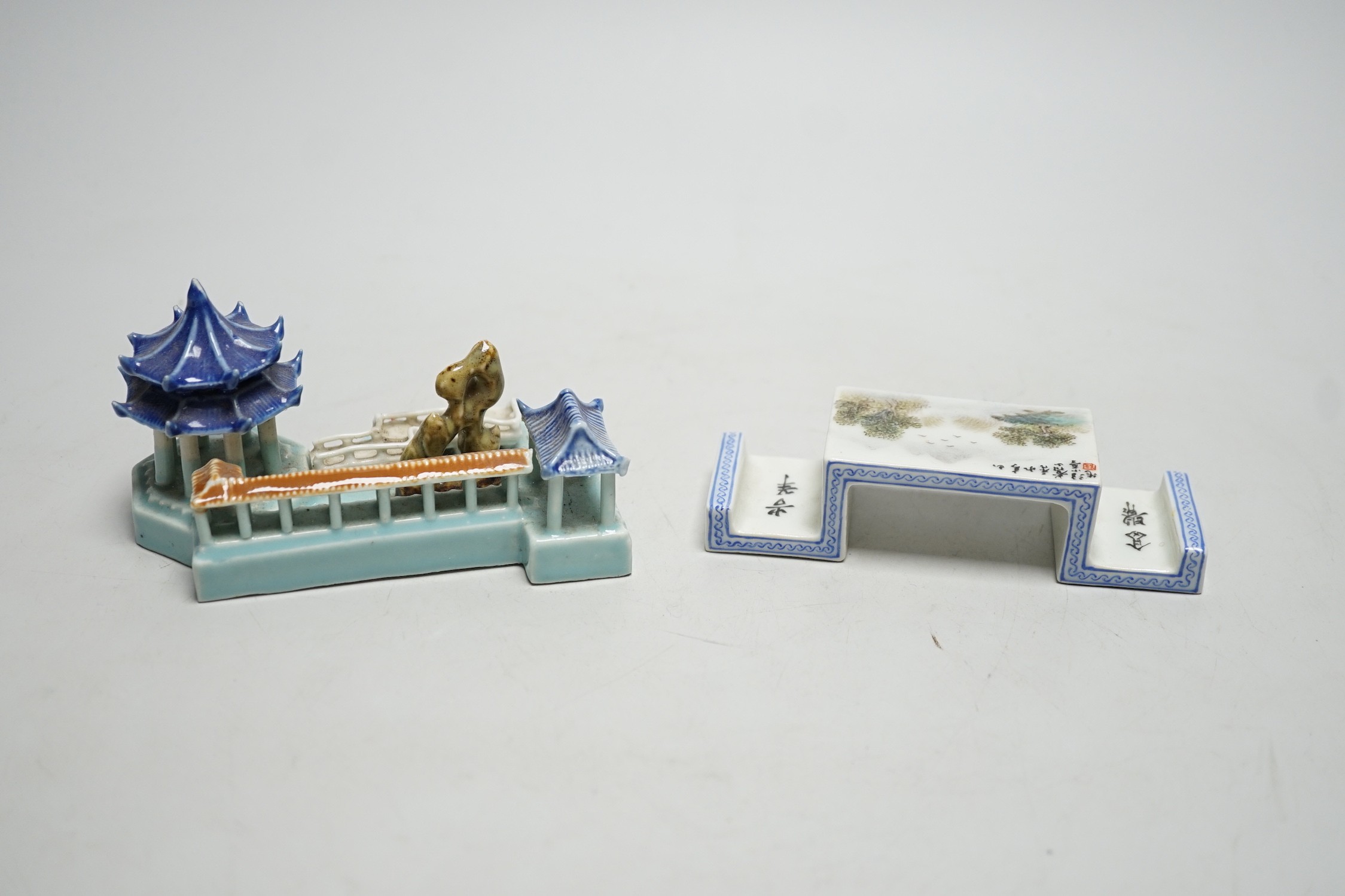 A Chinese model of pavilions and an enamelled porcelain ink stand, 12.5cm